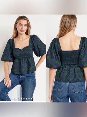 Old Navy Puff-Sleeve Plaid Poplin Peplum Top Blue Green Boho NWT Large Babydoll